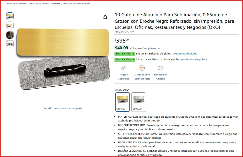 Gafete de aluminio en blanco para sublimación